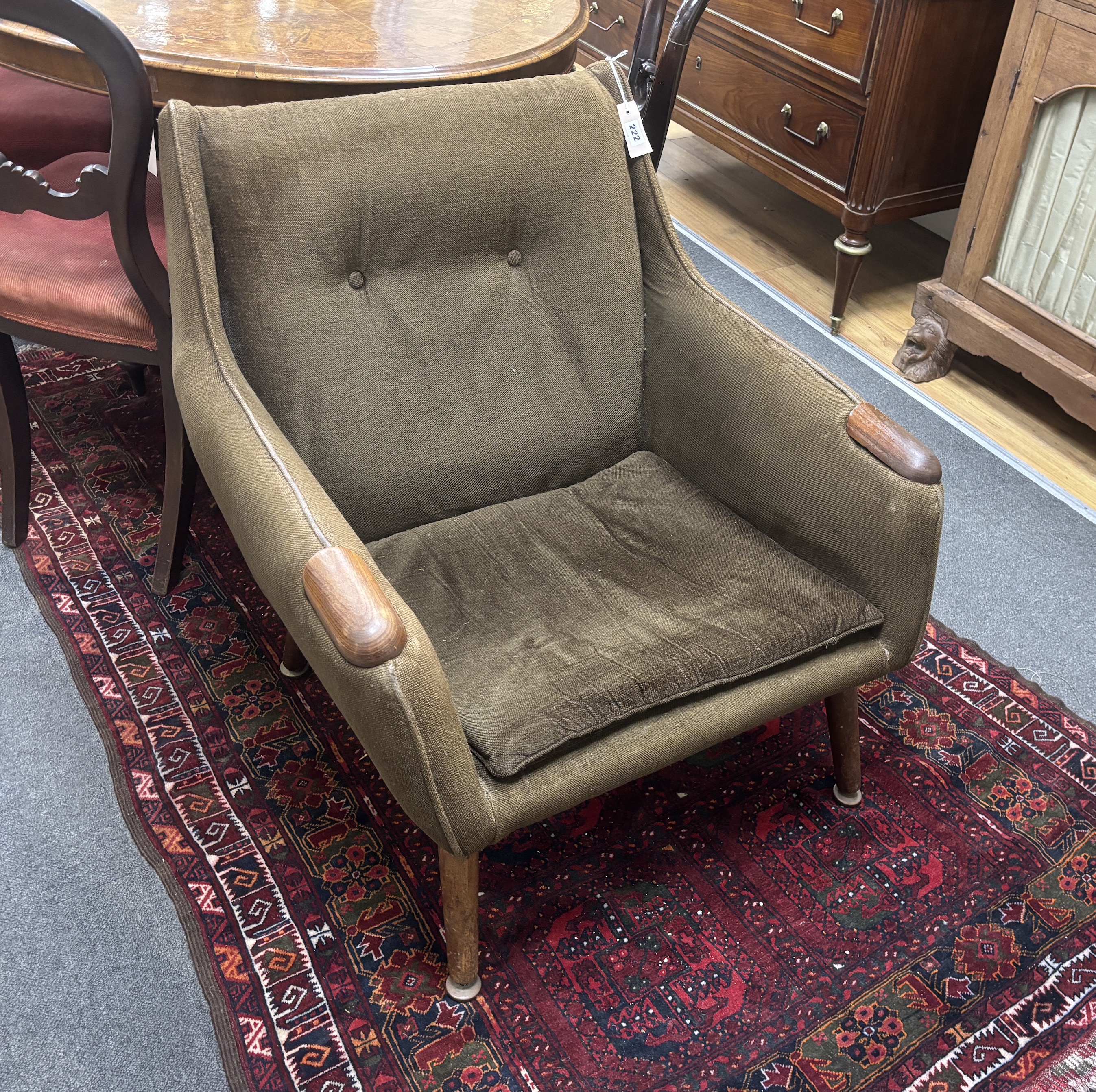 In the manner of Hans Wegner, a Danish style upholstered lounge chair, width 74cm, depth 68cm, height 74cm